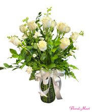 Load image into Gallery viewer, One Dozen Long Stem White Rose Bouquet in Glass Vase from Floral Mart in Hilo, Hawaii

