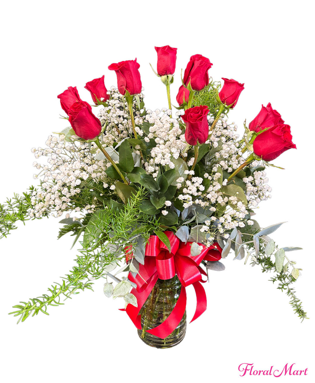 One Dozen Long Stem Red Rose Bouquet in Glass Vase from Floral Mart in Hilo, Hawaii