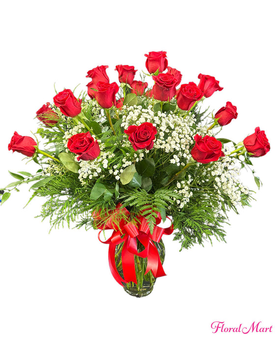 Two Dozen Long Stem Red Rose Bouquet in Glass Vase from Floral Mart in Hilo, Hawaii
