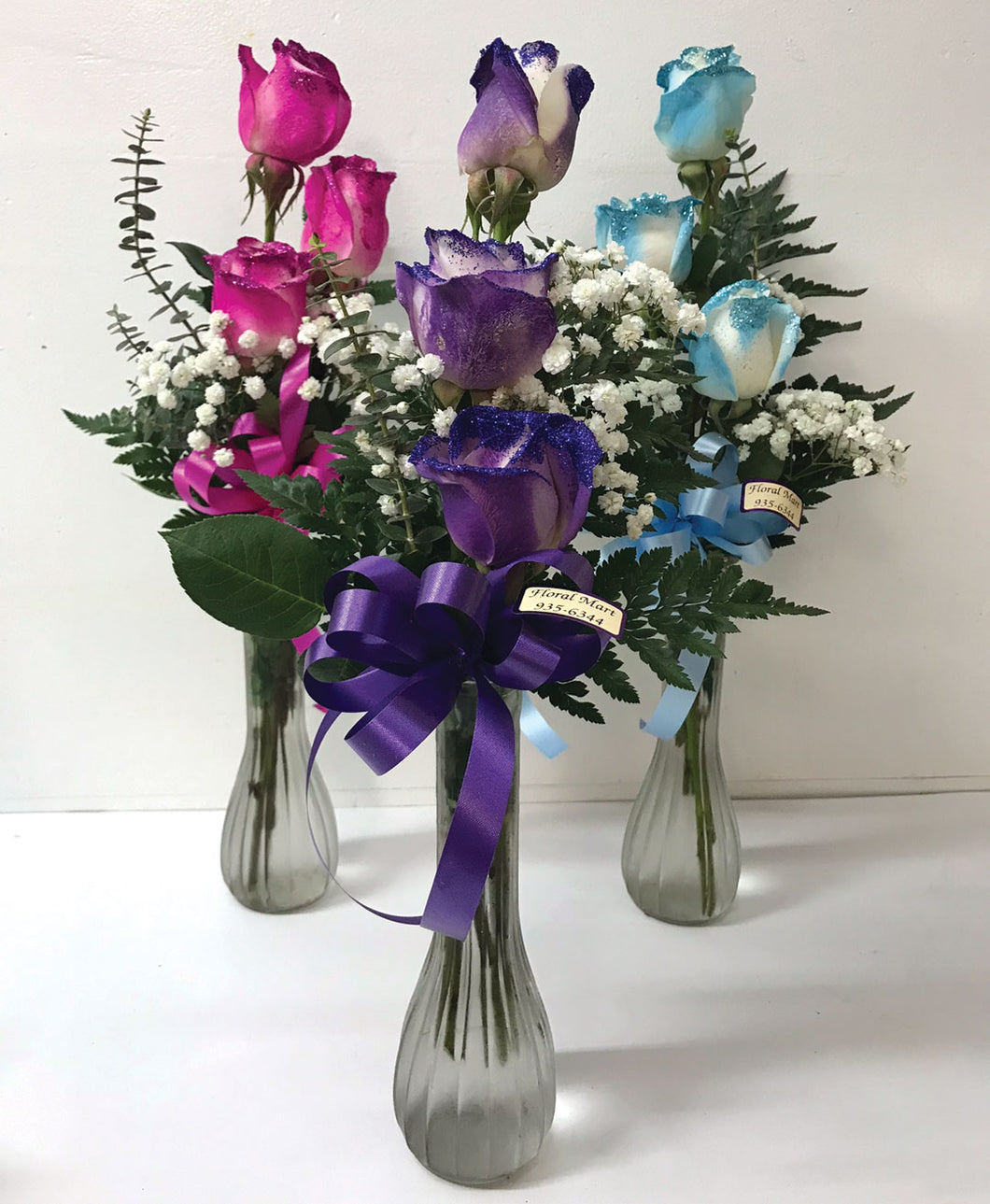 3 Rose Glittered Bud Vase